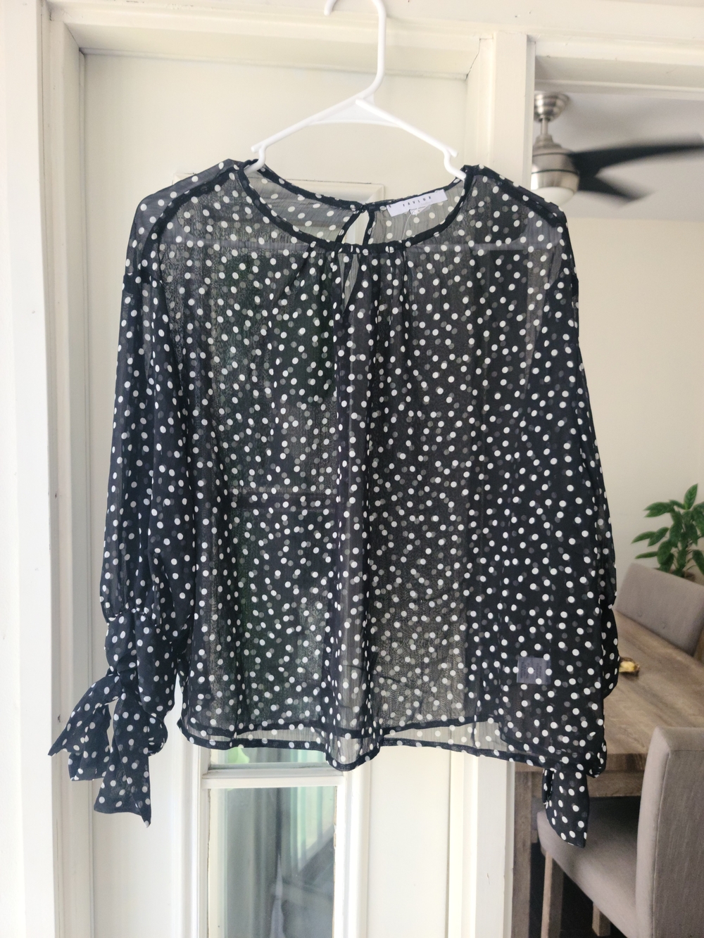 FAVLUX Black and White Polka Dot Sheer Tie-Sleeve Blouse